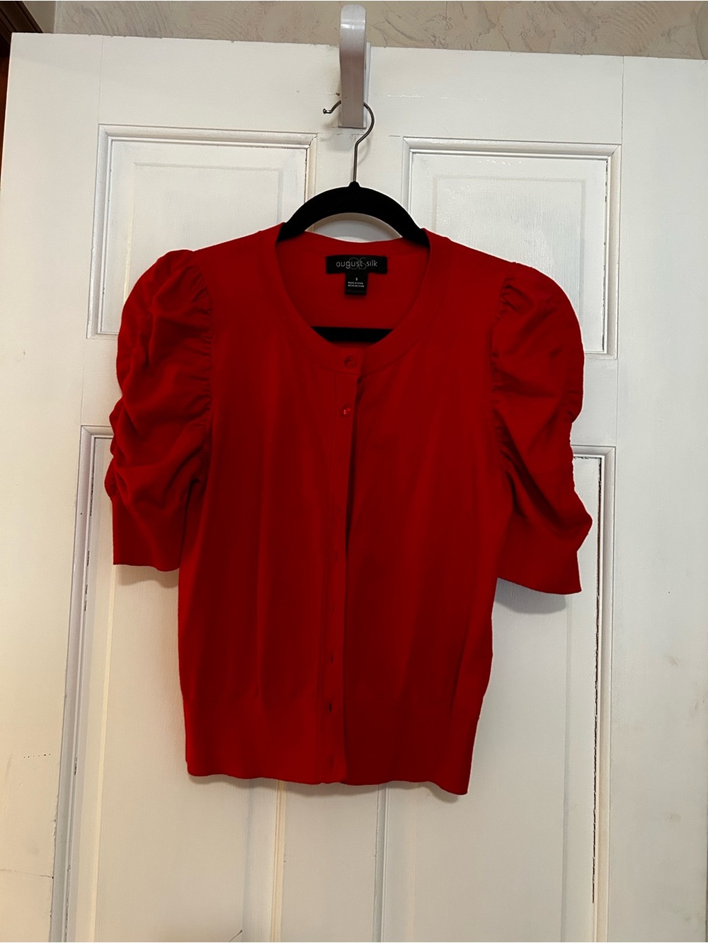 august silk Red Puff Sleeve Button-Front Blouse
